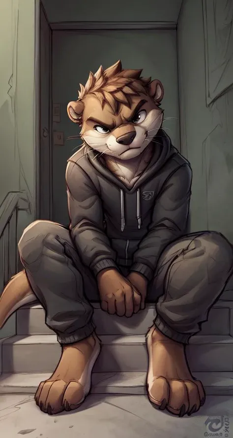 uploaded on e621,
low-angle view, (feet in focus:1.2),
(by thesecretcave:1.2),
(otter female mammal), (1boy, solo), (countershading, countershade fur:1.1), (otter tail:1.2), (small ears), looking at viewer, (head tilt, angry chav, threatening look:1.3), (cute whiskers:1.1),
black tracksuit,
(sitting on stairs:1.2), concrete stairs, staircase, peeling paint, chipped green walls, doors, window, apartment complex,
detailed background, 4k, 8k, (best quality:1.2), digital sketch, hard lines, (sharp image:1.2), sharp outlines, dramatic lights, depression,
<lora:fluffyrock-quality-tags-v4.rc11.5:1> <lora:Art_style_by_Thesecretcave:0.85>