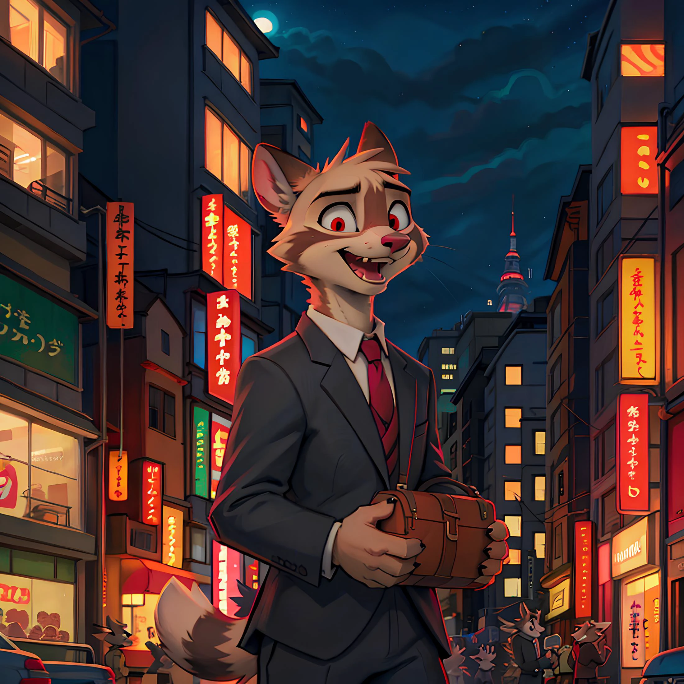 furry male raccoon, panic face, open mouth , eyes looking to the side, japan, tokyo, buildings, skyscrapers, ads, bill boards, japanese, wearing a suit, holding a suitcase, night time, <lora:fluffyrock-quality-tags-v3.0-vpred:0.8> best quality, high quality, by_schmutzo, by schmutzo, art by schmutzo, schmutzo, by_samur_shalem, by samur shalem, samur shalem, art by samur shalem, detailed eyes, correct eyes, <lora:epi_noiseoffset2:0.8>