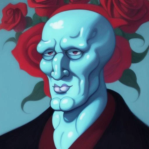 oil painting, masterpiece, <lora:handsome-squidward:1> Handsome-squidward, Handsome squidward, blue skin, blue, pink lips ,oil painting,portrait <lora:fluffyrock-quality-tags-v2.0-vpred:0.7>,best quality, high quality,black suit,Rose Bouquet