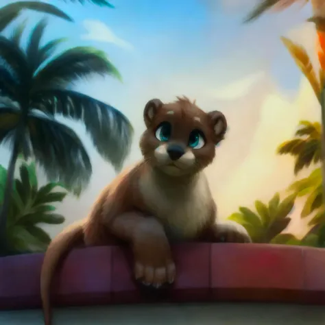 Furry otter, (short, small:1.3), male, lounging by the pool, pool, sunshine, sunny, day time, clouds, palm trees, furry art, furaffinity, detailed, HD, masterpiece, high quality, best quality, highres, <lora:fluffyrock-quality-tags-v3.0-vpred:0.8> best quality, high quality, <lora:Furtastic_Detailer:1.5>