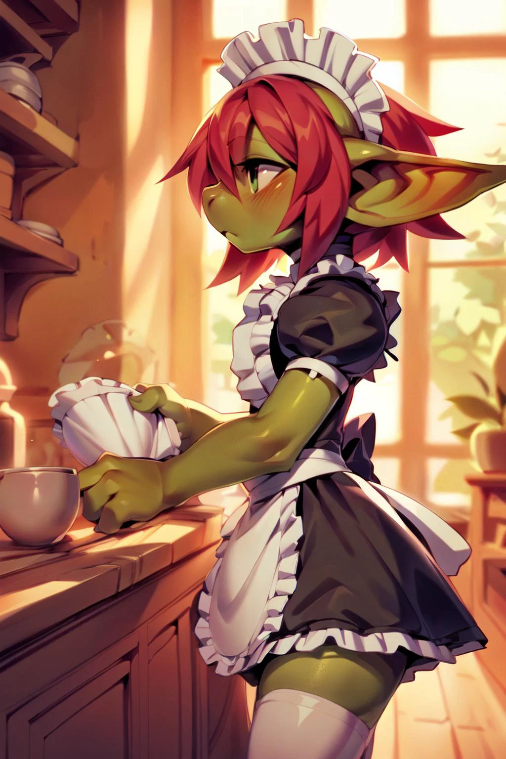 female, (goblin:1.2), skinny, (tall:0.6), red hair, (thinking:1.1), (medium breasts:0.5), (maid:1.4), white thighhighs,
<lora:fluffyrock-quality-tags-v3.0-vpred:0.6>, masterpiece, best quality, detailed background, photo background, digital drawing (artwork), by batruse, by null-ghost, by coffeesoda, light_blush, side view, three-quarter view
