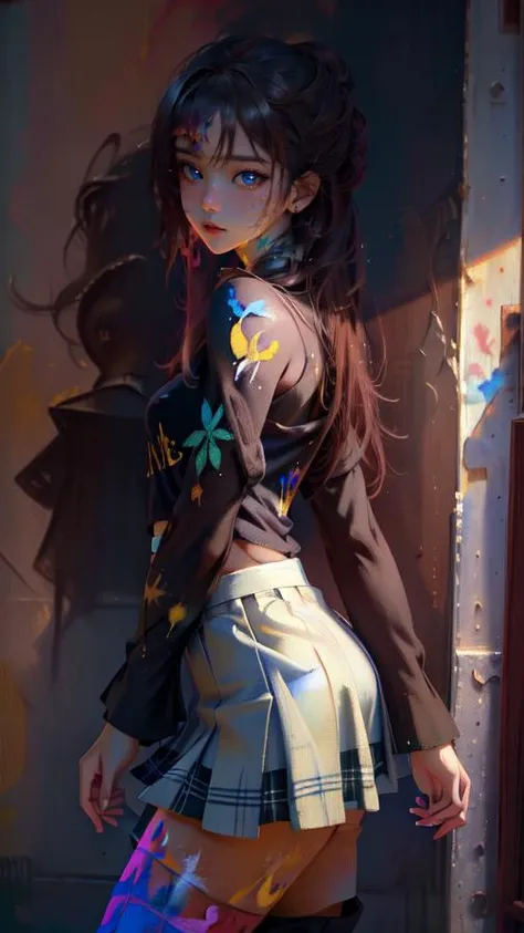 (masterpiece, best quality, high resolution), beautiful body, Beautiful Nose, perfect eyes, perfect face, alluring, wallpaper, perfect lighting, Colorful,ultra highres, photography, 8K, HDR, detailed, detailed background, (realistic:1.9)
<lora:PaintOnBodyV2:1> body paint, 1girl, black shirt, plaid skirt, thigh boots, against wall, lamppost, from side