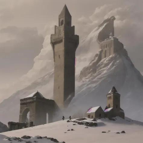 landscape, ruins, one tower, only one, snow, landscape snow, falling, people in front of, little people, people outside of tower, sand, seen from afar, tower only