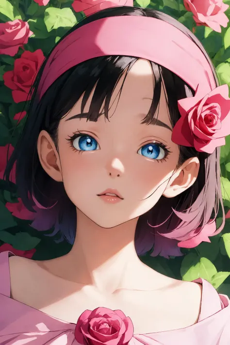 ((masterpiece)), ((best quality)), absurdres, 8k uhd, beautiful colors, insane detail,
<lora:videldbspinkdress_ex_01:0.9>, videldbspinkdress, 1girl, solo, black hair, dress, blue eyes, hairband, short hair, pink dress, flower, rose, red hairband, outdoors