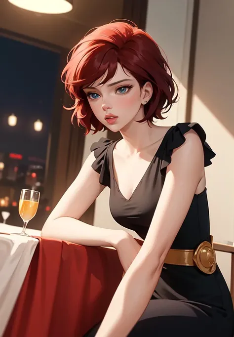 ((masterpiece)), ((best quality)), 8k, soft lighting, warm lighting, absurdres,
Scarlet Johansson wearing a black dress on a restaurant, red hair, short hair, blue eyes, food,
<lyco:ShingoArakiStyle_lycoris_smf_01-000001:1.1>, shingoaraki-style-smf, retro artstyle, 1980s (style),