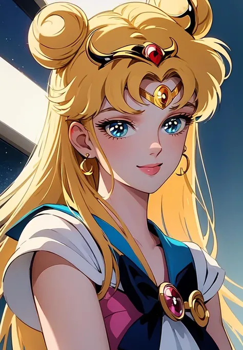 ((masterpiece)), ((best quality)), 8k, soft lighting, warm lighting, absurdres,
sailor moon wearing his sailor senshi uniform, blonde hair, long hair, blue eyes, jewelry, looking at viewer, smile, buns, portrait, tiara,
<lyco:ShingoArakiStyle_lycoris_smf_01-000001:1.1>, shingoaraki-style-smf, retro artstyle, 1980s (style),