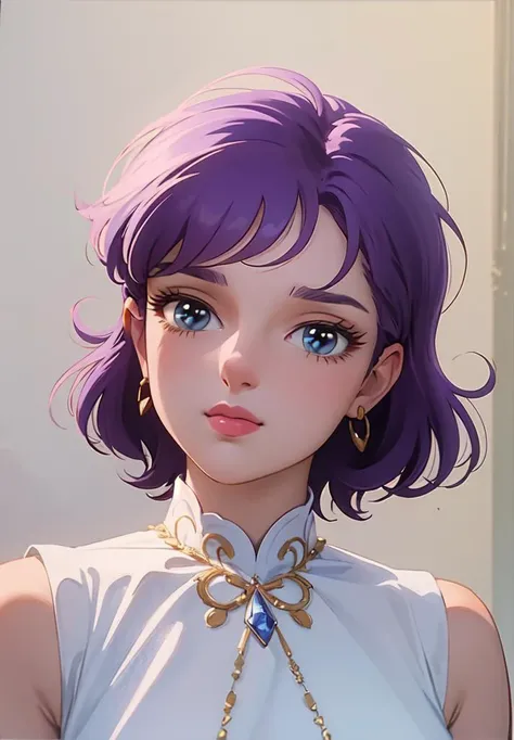 ((masterpiece)), ((best quality)), 8k, soft lighting, warm lighting, absurdres,
portrait of cute female wearing beautiful white dress looking at viewer (nervous:1.2), purple hair, short hair, athena,
<lyco:ShingoArakiStyle_lycoris_smf_01-000001:1.1>, shingoaraki-style-smf, retro artstyle, 1980s (style)