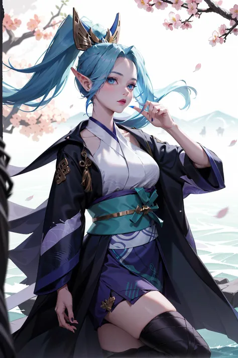 absurdres, best quality, 1girl, solo, looking at viewer, eye focus, <lyco:GoodHands-beta2:1.0>, <lora:spirit_blossom_vayne:0.8>, spirit blossom vayne, kimono, hair ornament, blue hair