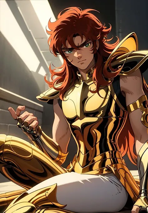((masterpiece)), ((best quality)), 8k, soft lighting, warm lighting, absurdres,
a boy wearing a gold armor, red hair, long hair, energy aura around, green eyes,
<lyco:ShingoArakiStyle_lycoris_smf_01-000001:1.1>, shingoaraki-style-smf, retro artstyle, 1980s (style),