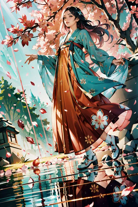 <(best quality, extremery best quality, masterpiece:1.5), (realistic, intricate details:1.2), (photorealistic:1.4), (extremely intricate:1.2), highres, ultra highres, ultra-detailed, absurdres, incredibly absurdres, extremely detailed, high quality, high resolution, hyperrealistic, ultra-realistic, hyper-detailed, top quality, best, fine detail, massive detail, Highly detailed, extreme detailed, highest detailed, high-res, absolutely resolution, reflection, (refraction:1.4)>, BREAK, 1girl, solo, looking at viewer, flat bangs, (young cute beautiful 18-year-old girl:1.1), 3d face, beautiful girl, Beautiful face, pretty, girlface, kpop idol, supermodel, stunning innocent symmetry face, (hand of Guido Daniele), perfect body, medium breast, slim waist, slim legs, (high detailed skin:1.2), glowing eyes, goddess, natural skin texture, shiny skin, White skin, Beautiful detailed face, detailed face, real skin texture, cute delicate face, finely detailed face, golden ratio, golden ratio face, expressive eyes, perfect face, perfect skin, flawless face, clear face, shiny hair, pale skin, Proper body proportion, perfect anatomy, realistic skin texture, luscious lips, glossy lips, natural makeup, beautiful bright pupils, slender figure, intricate eyes, detailed pupils, detailed face and eyes, longeyelashes, blush, good hand, perfect hands, pretty face, beautiful female bodies, finely detailed skin, oily shiny skin, BREAK, (((((golden hour, Sakura tree background, petals falling, dawn light, cobblestone pathway, building pavilion, chinese buildings, moutains, misty lake, ancient chinese background, puddle, after the rain, wet grass and trees, (sky overcast with a rainbow), (sunlight reflection), flower sea, in a meadow, (waterfall:1.2), ((breeze)), flying splashes, flying petals, leaves, nature, river, (forest), (bloom), bloom effect, detailed beautiful grassland with petal, flower, butterfly, petal, (((surrounded by heavy floating petal flow))), flowers, (black hair:1.3), (hanfu), (chinese clothes), ((floral print)), ((green/blue/yellow/pink/white/blackmagnificent print long sleeves)), ((pink/white/black/green/blue/yellow print see-through dress)), red lips, (chinese style countryard), (pond), (fullbody:1.3), (Luminescent Particles:1.4), (glow:1.1), beautiful sunset, wind, fog, (Pink hair:1.3), outdoors, (wavy hair), (long hair), (ahoge), (violet eyes), (golden accessories), (iridescent colors), watercolor, available light, detailed light, smile, volumetric fog, beautiful lighting, colorful refraction, Rembrandt lighting, Cinematic, pixel art, game art, key visual, surreal, PBR Texturing, Anisotropic Filtering, Maximum Clarity And Sharpness, Albedo And Specular Maps, Multi-Layered Textures, Surface Shading, Sub-Pixel Convolution, Sub-Pixel Convolution, Accurate Simulation Of Light-Material Interaction)))), BREAK, <blurry foreground, broad light, volumetric light effect, matte painting, perfectly defined features, volumetric lighting, Tone Mapping, Lumen Reflections, Global illumination, Ray Tracing, Screen Space Global Illumination, Accent Lighting, 32k, Natural Lighting, volumetric, cinematic masterpiece, Rule of thirds, high dynamic range, Multi-exposure HDR capture, cinematic render, game cg cinematic, atmospheric perspective, movie scene, epic dynamic frame, motion blur, ((cinematic look, Film look)), rim light, 4k textures, adobe lightroom, photolab, insane details, hyperdetailed, exposure blend, professional color grading, professional color correction, aerial perspective, particles and dust in beams of light, cinematic scene, dynamic lighting, sharp details, lomography, soft focus, light leaks, bold hues, atmospheric depth, (explosive light and shadow:1.2), aesthetics, intricate designs, ultra realistic digital art, (zentangle, mandala, tangle, entangle), (fractal art), elegant, vivid colours, floating particles, particles, dramatic, epic, (ink drawing, oil painting detailed), (dramatic lighting:1.2), (eye focus, face focus, character focus, close-up face:1.3), (dutch angle, cowboy shot:1.1), RAW, huge filesize, extremery detailed CG, Photo, 8k uhd, cinematic atmosphere, trending on artstation, award-winning glamour photograph, highly detailed photo, official art, beautiful and aesthetic, unity 8k wallpaper, beautiful, highly detailed CG illustration, best illustration, intricate, Amazing, emotional, analog, painting, digital painting, concept art, Oil Painting, illustration, Classical art, Renaissance, Romanticism, Neoclassicism, Color Palette, depth and contrast, Vibrant colors, saturated, rich saturation, color harmony, vivid palette, concept-art, design style, detail character, concept render, colorful, analog photography, dreamy atmosphere, specular highlights, atmospheric lighting, (dynamic angle, dynamic pose :1.3), (shiny, clothes reflecting light, lens flare, bloom effect, light particle, lens glare:1.3), realistic lighting, cinematic light, (cinematic lighting), light in the face, soft lighting, saturated colors, detailed background, sharp focus, 8k high definition, perspective, Master Composition, roughness, post-processing, soft shadows, realistic shadows, ambient occlusion, ray-tracing, subsurface scattering, photon mapping, physically-based rendering, octane rendering, unreal engine 5, ue5 rendering, Adobe After FX, dslr, RTX, Best character details, radiosity, sharp, antialiased, RAW photo, HDR, 8k, 4k, (((Photographed by Roger Deakins, using a RED Monstro 8K VV camera and a series of high-end lenses))), ((Hasselblad photography)), (film grain:1.4), Kodak portra 400, ((Fujifilm X-T5)), professional photograph, depth of field, caustics, Broad lighting, diffuse lighting, rim lighting, two tone lighting, textile details, visible pores, high resolution scan, professionally color graded, photographic reality, automatic white balance, best lighting, detailed shadow, high contrast, strong light and shadow>, (PureErosFace_V1:0.5), (ulzzang-6500:0.5), <lora:epiNoiseoffset_v3:0.15>, (kbxll:0.6), <lora:FilmVelvia2:0.15>, <lora:tang_hanfu:0.7>