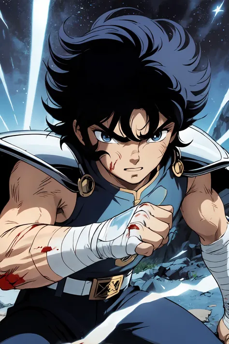 <lyco:ShingoArakiStyle_lycoris_smf_01-000001:1>, shingoaraki-style-smf, 1boy, close-up, bandages, blood, wounded, broken armor, rock ruins background, battle stance, cosmos, energy stars, blue aura