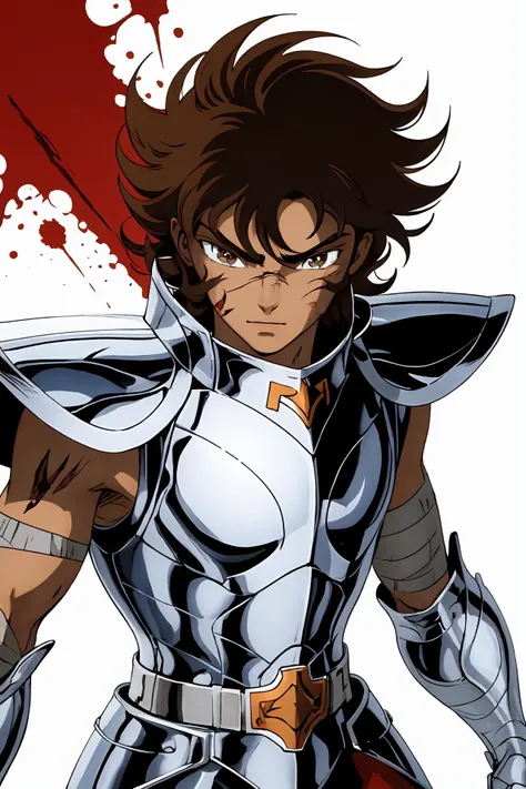 <lyco:ShingoArakiStyle_lycoris_smf_01-000001:1>, shingoaraki-style-smf, armor, solo, silver armor, brown hair, 1boy, male focus, brown eyes, full armor, pauldrons, battle stance, wounded, blood, bandages, blood on face, close-up