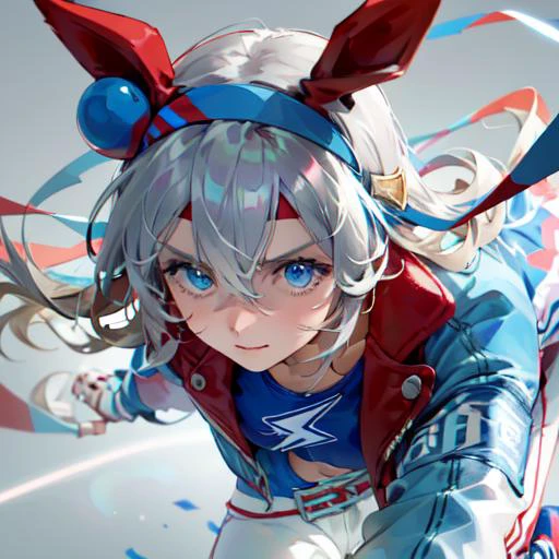 masterpiece, best quality, close up, face shot,
tamamo cross \(umamusume\),
navel, midriff, crop top, fingerless gloves, blue footwear, belt, blue jacket, white pants, white gloves, sneakers, collarbone,
running, light trail, glowing eyes, thunder storm, glowing, serious, closed mouth,
<lora:tamamo_cross_lora:0.9>