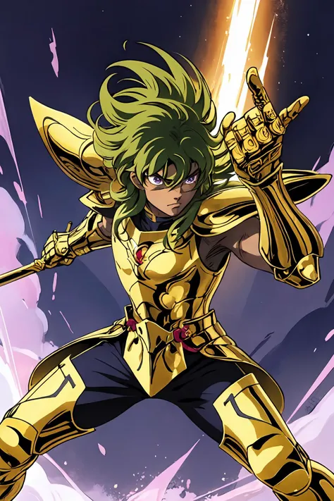 <lyco:ShingoArakiStyle_lycoris_smf_01-000001:1>, shingoaraki-style-smf, armor, solo, gold armor, green hair, long hair, 1boy, 1girl, male focus, purple eyes, full armor, pauldrons, battle stance, wounded, blood, bandages,