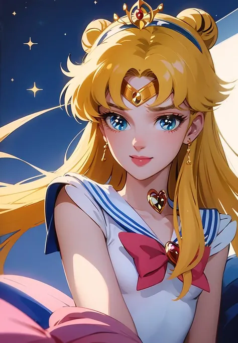((masterpiece)), ((best quality)), 8k, soft lighting, warm lighting, absurdres,
sailor moon wearing his sailor senshi uniform, blonde hair, long hair, blue eyes, jewelry, looking at viewer, smile, buns, portrait, tiara,
<lyco:ShingoArakiStyle_lycoris_smf_01-000001:1.1>, shingoaraki-style-smf, retro artstyle, 1980s (style),