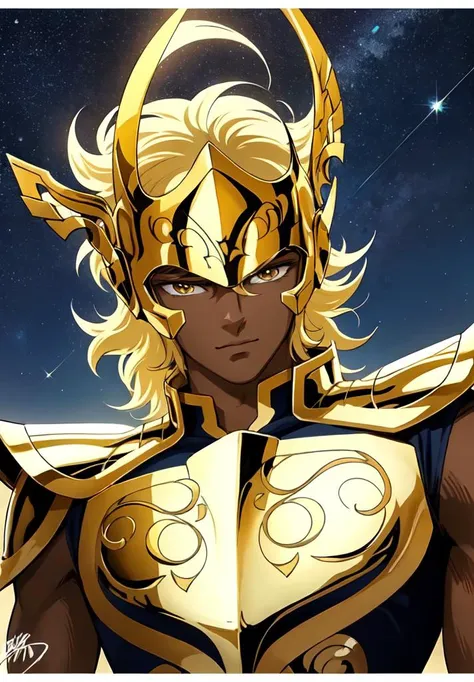 <lyco:ShingoArakiStyle_lycoris_smf_01-000001:1>, shingoaraki-style-smf, 1boy, solo, male focus, armor, signature, gold armor, blonde hair, looking at viewer, helmet, dark-skinned male, yellow eyes, dark skin, brown eyes, upper body, portrait, stars, starry night,
