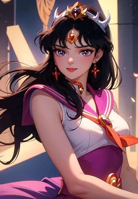 ((masterpiece)), ((best quality)), 8k, soft lighting, warm lighting, absurdres,
sailor mars wearing his sailor senshi uniform, black hair, long hair, purple eyes, jewelry, looking at viewer, smile, portrait, tiara,
<lyco:ShingoArakiStyle_lycoris_smf_01-000001:1.1>, shingoaraki-style-smf, retro artstyle, 1980s (style),