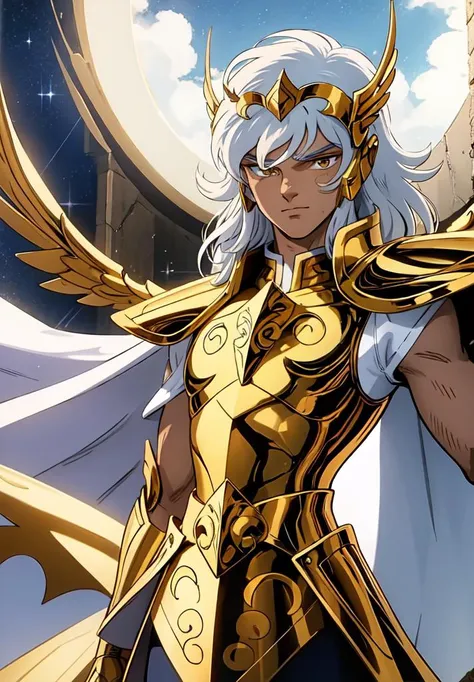 ((masterpiece)), ((best quality)), 8k, soft lighting, warm lighting, absurdres,
a boy wearing a gold armor and a white cape, white hair, long hair, energy aura around, white eyes, Zeus, golden metal wings, divine environment, clouds, heaven door on background, multiple golden soldiers, complex armor, detailed armor,
<lyco:ShingoArakiStyle_lycoris_smf_01-000001:1.1>, shingoaraki-style-smf, retro artstyle, 1980s (style),