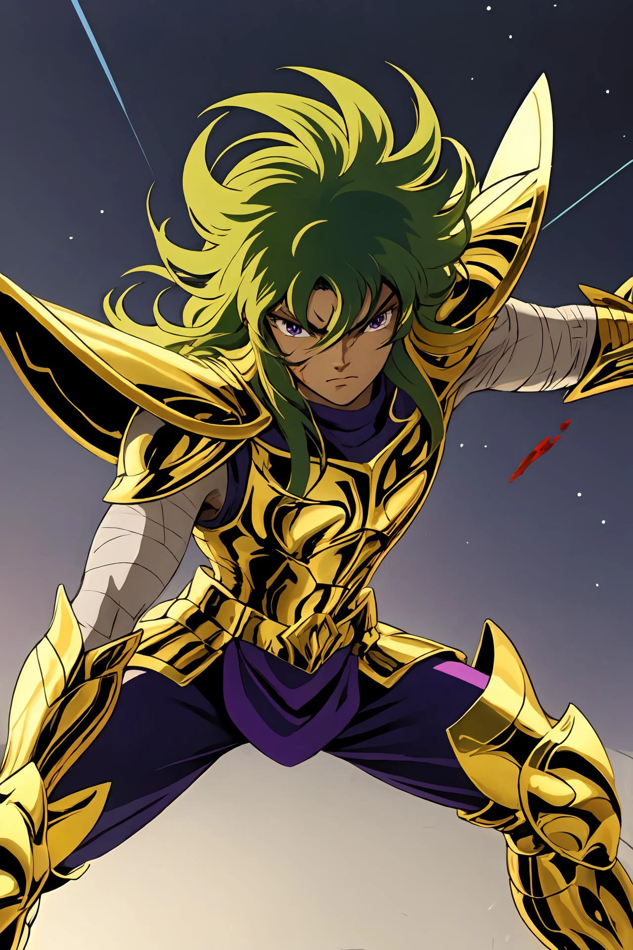 <lyco:ShingoArakiStyle_lycoris_smf_01-000001:1>, shingoaraki-style-smf, armor, solo, gold armor, green hair, long hair, 1boy, 1girl, male focus, purple eyes, full armor, pauldrons, battle stance, wounded, blood, bandages,