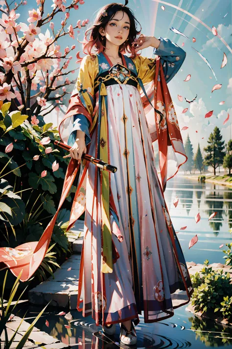 <(best quality, extremery best quality, masterpiece:1.5), (realistic, intricate details:1.2), (photorealistic:1.4), (extremely intricate:1.2), highres, ultra highres, ultra-detailed, absurdres, incredibly absurdres, extremely detailed, high quality, high resolution, hyperrealistic, ultra-realistic, hyper-detailed, top quality, best, fine detail, massive detail, Highly detailed, extreme detailed, highest detailed, high-res, absolutely resolution, reflection, (refraction:1.4)>, BREAK, 1girl, solo, looking at viewer, flat bangs, (young cute beautiful 18-year-old girl:1.1), 3d face, beautiful girl, Beautiful face, pretty, girlface, kpop idol, supermodel, stunning innocent symmetry face, (hand of Guido Daniele), perfect body, medium breast, slim waist, slim legs, (high detailed skin:1.2), glowing eyes, goddess, natural skin texture, shiny skin, White skin, Beautiful detailed face, detailed face, real skin texture, cute delicate face, finely detailed face, golden ratio, golden ratio face, expressive eyes, perfect face, perfect skin, flawless face, clear face, shiny hair, pale skin, Proper body proportion, perfect anatomy, realistic skin texture, luscious lips, glossy lips, natural makeup, beautiful bright pupils, slender figure, intricate eyes, detailed pupils, detailed face and eyes, longeyelashes, blush, good hand, perfect hands, pretty face, beautiful female bodies, finely detailed skin, oily shiny skin, BREAK, (((((golden hour, Sakura tree background, petals falling, dawn light, cobblestone pathway, building pavilion, chinese buildings, moutains, misty lake, ancient chinese background, puddle, after the rain, wet grass and trees, (sky overcast with a rainbow), (sunlight reflection), flower sea, in a meadow, (waterfall:1.2), ((breeze)), flying splashes, flying petals, leaves, nature, river, (forest), (bloom), bloom effect, detailed beautiful grassland with petal, flower, butterfly, petal, (((surrounded by heavy floating petal flow))), flowers, (black hair:1.3), (hanfu), (chinese clothes), ((floral print)), ((green/blue/yellow/pink/white/blackmagnificent print long sleeves)), ((pink/white/black/green/blue/yellow print see-through dress)), red lips, (chinese style countryard), (pond), (fullbody:1.3), (Luminescent Particles:1.4), (glow:1.1), beautiful sunset, wind, fog, (Pink hair:1.3), outdoors, (wavy hair), (long hair), (ahoge), (violet eyes), (golden accessories), (iridescent colors), watercolor, available light, detailed light, smile, volumetric fog, beautiful lighting, colorful refraction, Rembrandt lighting, Cinematic, pixel art, game art, key visual, surreal, PBR Texturing, Anisotropic Filtering, Maximum Clarity And Sharpness, Albedo And Specular Maps, Multi-Layered Textures, Surface Shading, Sub-Pixel Convolution, Sub-Pixel Convolution, Accurate Simulation Of Light-Material Interaction)))), BREAK, <blurry foreground, broad light, volumetric light effect, matte painting, perfectly defined features, volumetric lighting, Tone Mapping, Lumen Reflections, Global illumination, Ray Tracing, Screen Space Global Illumination, Accent Lighting, 32k, Natural Lighting, volumetric, cinematic masterpiece, Rule of thirds, high dynamic range, Multi-exposure HDR capture, cinematic render, game cg cinematic, atmospheric perspective, scene, epic dynamic frame, motion blur, ((cinematic look, Film look)), rim light, 4k textures, adobe lightroom, photolab, insane details, hyperdetailed, exposure blend, professional color grading, professional color correction, aerial perspective, particles and dust in beams of light, cinematic scene, dynamic lighting, sharp details, lomography, soft focus, light leaks, bold hues, atmospheric depth, (explosive light and shadow:1.2), aesthetics, intricate designs, ultra realistic digital art, (zentangle, mandala, tangle, entangle), (fractal art), elegant, vivid colours, floating particles, particles, dramatic, epic, (ink drawing, oil painting detailed), (dramatic lighting:1.2), (eye focus, face focus, character focus, close-up face:1.3), (dutch angle, cowboy shot:1.1), RAW, huge filesize, extremery detailed CG, Photo, 8k uhd, cinematic atmosphere, trending on artstation, award-winning glamour photograph, highly detailed photo, official art, beautiful and aesthetic, unity 8k wallpaper, beautiful, highly detailed CG illustration, best illustration, intricate, Amazing, emotional, analog, painting, digital painting, concept art, Oil Painting, illustration, Classical art, Renaissance, Romanticism, Neoclassicism, Color Palette, depth and contrast, Vibrant colors, saturated, rich saturation, color harmony, vivid palette, concept-art, design style, detail character, concept render, colorful, analog photography, dreamy atmosphere, specular highlights, atmospheric lighting, (dynamic angle, dynamic pose :1.3), (shiny, clothes reflecting light, lens flare, bloom effect, light particle, lens glare:1.3), realistic lighting, cinematic light, (cinematic lighting), light in the face, soft lighting, saturated colors, detailed background, sharp focus, 8k high definition, perspective, Master Composition, roughness, post-processing, soft shadows, realistic shadows, ambient occlusion, ray-tracing, subsurface scattering, photon mapping, physically-based rendering, octane rendering, unreal engine 5, ue5 rendering, Adobe After FX, dslr, RTX, Best character details, radiosity, sharp, antialiased, RAW photo, HDR, 8k, 4k, (((Photographed by Roger Deakins, using a RED Monstro 8K VV camera and a series of high-end lenses))), ((Hasselblad photography)), (film grain:1.4), Kodak portra 400, ((Fujifilm X-T5)), professional photograph, depth of field, caustics, Broad lighting, diffuse lighting, rim lighting, two tone lighting, textile details, visible pores, high resolution scan, professionally color graded, photographic reality, automatic white balance, best lighting, detailed shadow, high contrast, strong light and shadow>, (PureErosFace_V1:0.5), (ulzzang-6500:0.5), <lora:epiNoiseoffset_v3:0.15>, (kbxll:0.6), <lora:FilmVelvia2:0.15>, <lora:tang_hanfu:0.7>