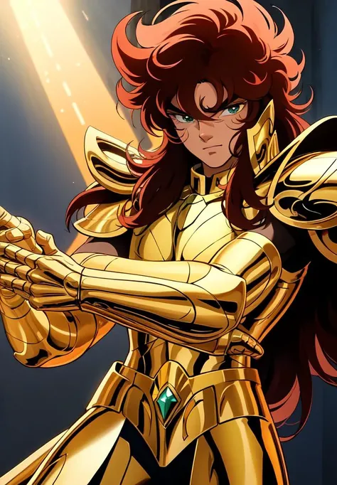 ((masterpiece)), ((best quality)), 8k, soft lighting, warm lighting, absurdres,
a boy wearing a gold armor, red hair, long hair, energy aura around, green eyes,
<lyco:ShingoArakiStyle_lycoris_smf_01-000001:1.1>, shingoaraki-style-smf, retro artstyle, 1980s (style),