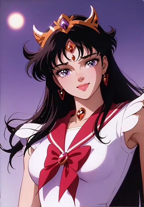 ((masterpiece)), ((best quality)), 8k, soft lighting, warm lighting, absurdres,
sailor mars wearing his sailor senshi uniform, black hair, long hair, purple eyes, jewelry, looking at viewer, smile, portrait, tiara,
<lyco:ShingoArakiStyle_lycoris_smf_01-000001:1.1>, shingoaraki-style-smf, retro artstyle, 1980s (style),