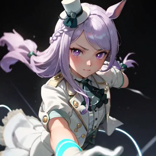 masterpiece, best quality,
mejiro mcqueen \(umamusume\), face shot, close up, running, light trail, glowing eyes, electricity, glowing, serious, closed mouth, race cource, 
official alternate costume, mini top hat, mini hat, white headwear, braid, ascot,  shoulder cutout, short sleeves, white gloves, cropped jacket, white jacket <lora:mejiro_mcqueen_locon:0.6>