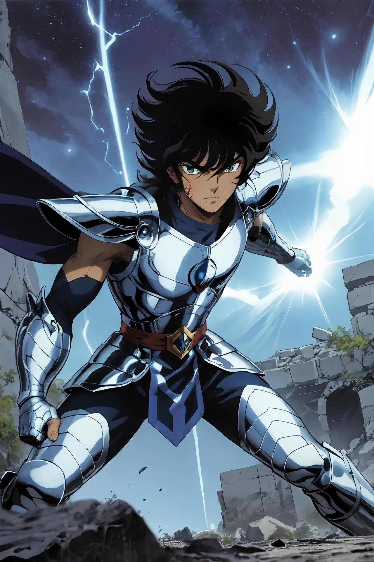 <lyco:ShingoArakiStyle_lycoris_smf_01-000001:1>, shingoaraki-style-smf, 1boy, close-up, bandages, blood, wounded, broken armor, rock ruins background, battle stance, cosmos, energy stars, blue aura