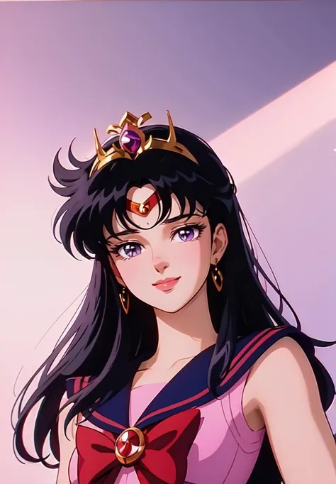 ((masterpiece)), ((best quality)), 8k, soft lighting, warm lighting, absurdres,
sailor mars wearing his sailor senshi uniform, black hair, long hair, purple eyes, jewelry, looking at viewer, smile, portrait, tiara,
<lyco:ShingoArakiStyle_lycoris_smf_01-000001:1.1>, shingoaraki-style-smf, retro artstyle, 1980s (style),