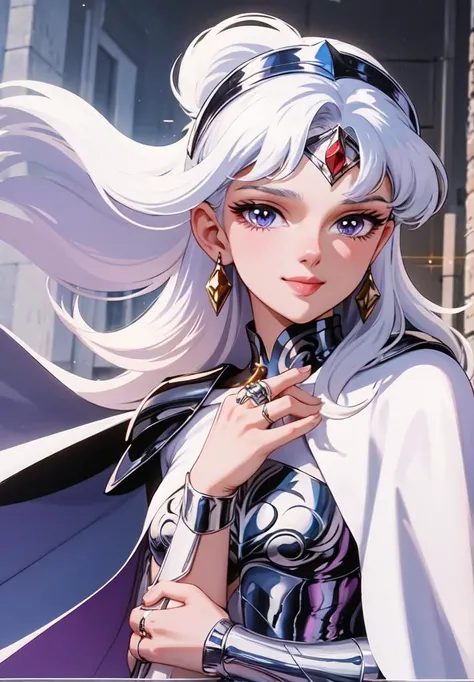 ((masterpiece)), ((best quality)), 8k, soft lighting, warm lighting, absurdres,
a girl wearing a black dress armor and a white cape, white hair, long hair, energy aura around, purple eyes, jewelry, looking at viewer, ring, smile, long hair, portrait, headpiece, bangs,
<lyco:ShingoArakiStyle_lycoris_smf_01-000001:1.1>, shingoaraki-style-smf, retro artstyle, 1980s (style),