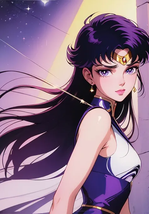 ((masterpiece)), ((best quality)), 8k, soft lighting, warm lighting, absurdres,
dark sailor moon wearing a back dress, purple dark hair, long hair, purple eyes, jewelry, looking at viewer, evil eyes, portrait,
<lyco:ShingoArakiStyle_lycoris_smf_01-000001:1.1>, shingoaraki-style-smf, retro artstyle, 1980s (style),