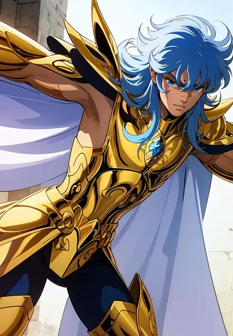 ((masterpiece)), ((best quality)), 8k, soft lighting, warm lighting, absurdres,
a boy wearing a gold armor and a white cape, blue hair, long hair, energy aura around, blue eyes,
<lyco:ShingoArakiStyle_lycoris_smf_01-000001:1.1>, shingoaraki-style-smf, retro artstyle, 1980s (style),