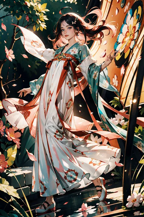 <(best quality, extremery best quality, masterpiece:1.5), (realistic, intricate details:1.2), (photorealistic:1.4), (extremely intricate:1.2), highres, ultra highres, ultra-detailed, absurdres, incredibly absurdres, extremely detailed, high quality, high resolution, hyperrealistic, ultra-realistic, hyper-detailed, top quality, best, fine detail, massive detail, Highly detailed, extreme detailed, highest detailed, high-res, absolutely resolution, reflection, (refraction:1.4)>, BREAK, 1girl, solo, looking at viewer, flat bangs, (young cute beautiful 18-year-old girl:1.1), 3d face, beautiful girl, Beautiful face, pretty, girlface, kpop idol, supermodel, stunning innocent symmetry face, (hand of Guido Daniele), perfect body, medium breast, slim waist, slim legs, (high detailed skin:1.2), glowing eyes, goddess, natural skin texture, shiny skin, White skin, Beautiful detailed face, detailed face, real skin texture, cute delicate face, finely detailed face, golden ratio, golden ratio face, expressive eyes, perfect face, perfect skin, flawless face, clear face, shiny hair, pale skin, Proper body proportion, perfect anatomy, realistic skin texture, luscious lips, glossy lips, natural makeup, beautiful bright pupils, slender figure, intricate eyes, detailed pupils, detailed face and eyes, longeyelashes, blush, good hand, perfect hands, pretty face, beautiful female bodies, finely detailed skin, oily shiny skin, BREAK, (((((golden hour, Sakura tree background, petals falling, dawn light, cobblestone pathway, building pavilion, chinese buildings, moutains, misty lake, ancient chinese background, puddle, after the rain, wet grass and trees, (sky overcast with a rainbow), (sunlight reflection), flower sea, in a meadow, (waterfall:1.2), ((breeze)), flying splashes, flying petals, leaves, nature, river, (forest), (bloom), bloom effect, detailed beautiful grassland with petal, flower, butterfly, petal, (((surrounded by heavy floating petal flow))), flowers, (black hair:1.3), (hanfu), (chinese clothes), ((floral print)), ((green/blue/yellow/pink/white/blackmagnificent print long sleeves)), ((pink/white/black/green/blue/yellow print see-through dress)), red lips, (chinese style countryard), (pond), (fullbody:1.3), (Luminescent Particles:1.4), (glow:1.1), beautiful sunset, wind, fog, (Pink hair:1.3), outdoors, (wavy hair), (long hair), (ahoge), (violet eyes), (golden accessories), (iridescent colors), watercolor, available light, detailed light, smile, volumetric fog, beautiful lighting, colorful refraction, Rembrandt lighting, Cinematic, pixel art, game art, key visual, surreal, PBR Texturing, Anisotropic Filtering, Maximum Clarity And Sharpness, Albedo And Specular Maps, Multi-Layered Textures, Surface Shading, Sub-Pixel Convolution, Sub-Pixel Convolution, Accurate Simulation Of Light-Material Interaction)))), BREAK, <blurry foreground, broad light, volumetric light effect, matte painting, perfectly defined features, volumetric lighting, Tone Mapping, Lumen Reflections, Global illumination, Ray Tracing, Screen Space Global Illumination, Accent Lighting, 32k, Natural Lighting, volumetric, cinematic masterpiece, Rule of thirds, high dynamic range, Multi-exposure HDR capture, cinematic render, game cg cinematic, atmospheric perspective, scene, epic dynamic frame, motion blur, ((cinematic look, Film look)), rim light, 4k textures, adobe lightroom, photolab, insane details, hyperdetailed, exposure blend, professional color grading, professional color correction, aerial perspective, particles and dust in beams of light, cinematic scene, dynamic lighting, sharp details, lomography, soft focus, light leaks, bold hues, atmospheric depth, (explosive light and shadow:1.2), aesthetics, intricate designs, ultra realistic digital art, (zentangle, mandala, tangle, entangle), (fractal art), elegant, vivid colours, floating particles, particles, dramatic, epic, (ink drawing, oil painting detailed), (dramatic lighting:1.2), (eye focus, face focus, character focus, close-up face:1.3), (dutch angle, cowboy shot:1.1), RAW, huge filesize, extremery detailed CG, Photo, 8k uhd, cinematic atmosphere, trending on artstation, award-winning glamour photograph, highly detailed photo, official art, beautiful and aesthetic, unity 8k wallpaper, beautiful, highly detailed CG illustration, best illustration, intricate, Amazing, emotional, analog, painting, digital painting, concept art, Oil Painting, illustration, Classical art, Renaissance, Romanticism, Neoclassicism, Color Palette, depth and contrast, Vibrant colors, saturated, rich saturation, color harmony, vivid palette, concept-art, design style, detail character, concept render, colorful, analog photography, dreamy atmosphere, specular highlights, atmospheric lighting, (dynamic angle, dynamic pose :1.3), (shiny, clothes reflecting light, lens flare, bloom effect, light particle, lens glare:1.3), realistic lighting, cinematic light, (cinematic lighting), light in the face, soft lighting, saturated colors, detailed background, sharp focus, 8k high definition, perspective, Master Composition, roughness, post-processing, soft shadows, realistic shadows, ambient occlusion, ray-tracing, subsurface scattering, photon mapping, physically-based rendering, octane rendering, unreal engine 5, ue5 rendering, Adobe After FX, dslr, RTX, Best character details, radiosity, sharp, antialiased, RAW photo, HDR, 8k, 4k, (((Photographed by Roger Deakins, using a RED Monstro 8K VV camera and a series of high-end lenses))), ((Hasselblad photography)), (film grain:1.4), Kodak portra 400, ((Fujifilm X-T5)), professional photograph, depth of field, caustics, Broad lighting, diffuse lighting, rim lighting, two tone lighting, textile details, visible pores, high resolution scan, professionally color graded, photographic reality, automatic white balance, best lighting, detailed shadow, high contrast, strong light and shadow>, (PureErosFace_V1:0.5), (ulzzang-6500:0.5), <lora:epiNoiseoffset_v3:0.15>, (kbxll:0.6), <lora:FilmVelvia2:0.15>, <lora:tang_hanfu:0.7>