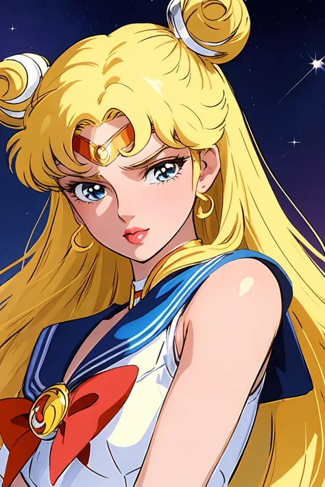 <lyco:ShingoArakiStyle_lycoris_smf_01-000001:1>, shingoaraki-style-smf, 1girl, retro artstyle, Sailor Moon, Sailor Senshi Uniform, moon, stars background, close-up, lipstick, blonde, buns