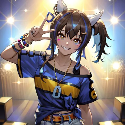 masterpiece, best quality, daitaku helios \(umamusume\),
solo, smile, belt, white shorts, grin, short shorts, blue shirt, collarbone, bead bracelet, short sleeves, tied shirt, denim shorts, cutoffs,
upper body, disco, mirror ball
<lora:daitaku_helios_lora:0.65>