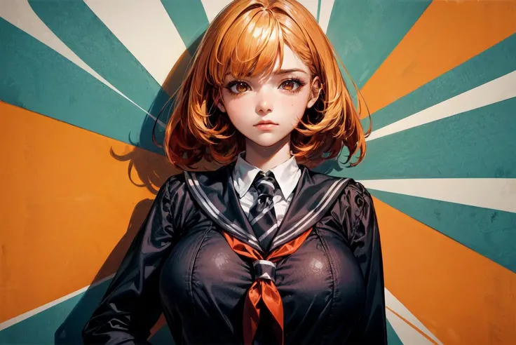 masterpiece, highly best quality, colorful, a woman, (schoolgirl uniform), (emotionless face), orange color hair, high contrast shiny oily skin, huge long breasts, curvy, bbw, sfw , <lora:flat2:-1>