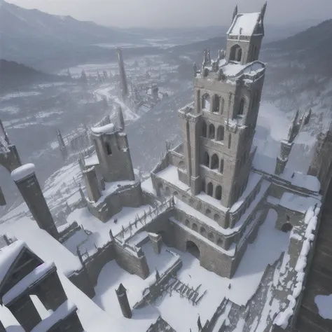 landscape, ruins, tower, snow, landscape snow, falling, dungeon