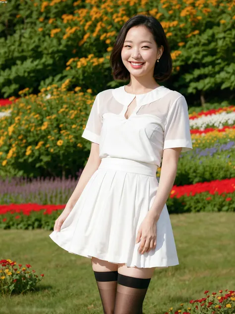 KGEun, wearing a short white skirt and black stockings, standing in a flower field smiling, (8k, RAW photo, best quality, masterpiece:1.2), (realistic, photo-realistic:1.37), professional lighting, photon mapping, radiosity, physically-based rendering <lora:KGEun2:0.7>