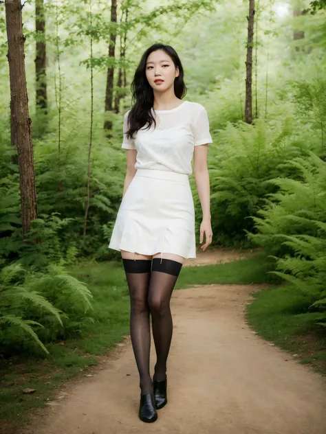 KGEun, wearing a short white skirt and black stockings, standing in a forrest, (8k, RAW photo, best quality, masterpiece:1.2), (realistic, photo-realistic:1.37), professional lighting, photon mapping, radiosity, physically-based rendering <lora:KGEun2:0.8>
