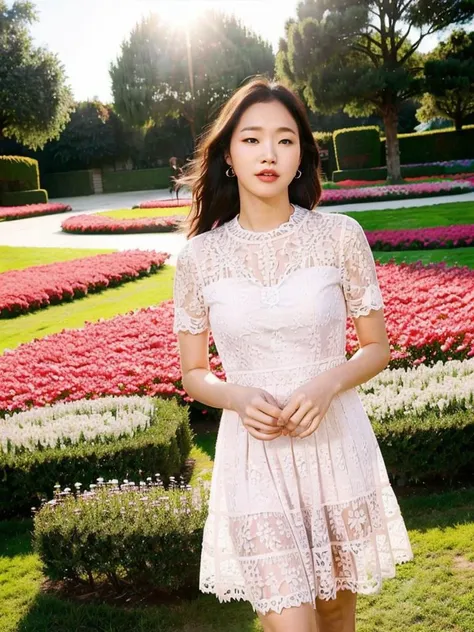 KGEun, wearing pink dress, flower park background, (8k, RAW photo, best quality, masterpiece:1.2), (realistic, photo-realistic:1.37), professional lighting, photon mapping, radiosity, physically-based rendering <lora:KGEun2:0.7>