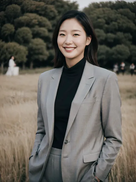 KGEun, wearing a grey suit with a black shirt, standing in a field smiling, (8k, RAW photo, best quality, masterpiece:1.2), (realistic, photo-realistic:1.37), professional lighting, photon mapping, radiosity, physically-based rendering <lora:KGEun2:0.7>