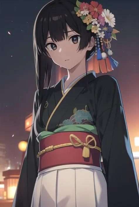 anzuhanashiro, <lora:anzuhanashiro-lora-nochekaiser:1>,
anzu hanashiro, long hair, bangs, black hair, sidelocks, blunt bangs, (black eyes:1.5),
BREAK hair ornament, flower, japanese clothes, kimono, sash, obi, yukata,
BREAK looking at viewer,
BREAK outdoors, festival, fireworks,
BREAK <lora:GoodHands-vanilla:1>, (masterpiece:1.2), best quality, high resolution, unity 8k wallpaper, (illustration:0.8), (beautiful detailed eyes:1.6), extremely detailed face, perfect lighting, extremely detailed CG, (perfect hands, perfect anatomy),