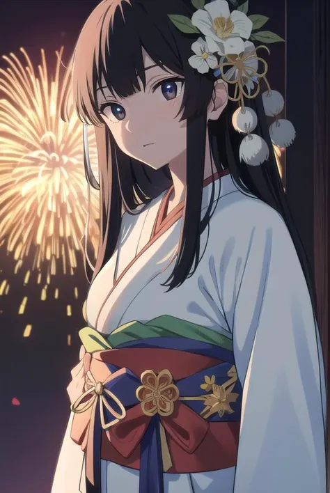 anzuhanashiro, <lora:anzuhanashiro-lora-nochekaiser:1>,
anzu hanashiro, long hair, bangs, black hair, sidelocks, blunt bangs, (black eyes:1.5),
BREAK hair ornament, flower, japanese clothes, kimono, sash, obi, yukata,
BREAK looking at viewer,
BREAK outdoors, festival, fireworks,
BREAK <lora:GoodHands-vanilla:1>, (masterpiece:1.2), best quality, high resolution, unity 8k wallpaper, (illustration:0.8), (beautiful detailed eyes:1.6), extremely detailed face, perfect lighting, extremely detailed CG, (perfect hands, perfect anatomy),