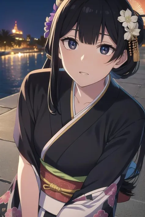 anzuhanashiro, <lora:anzuhanashiro-lora-nochekaiser:1>, 
anzu hanashiro, long hair, bangs, black hair, sidelocks, blunt bangs, (black eyes:1.5),
BREAK hair ornament, flower, japanese clothes, kimono, sash, obi, yukata,
BREAK looking at viewer,
BREAK outdoors, festival, fireworks,
BREAK <lora:GoodHands-vanilla:1>, (masterpiece:1.2), best quality, high resolution, unity 8k wallpaper, (illustration:0.8), (beautiful detailed eyes:1.6), extremely detailed face, perfect lighting, extremely detailed CG, (perfect hands, perfect anatomy),