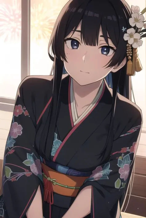 anzuhanashiro, <lora:anzuhanashiro-lora-nochekaiser:1>,
anzu hanashiro, long hair, bangs, black hair, sidelocks, blunt bangs, (black eyes:1.5),
BREAK hair ornament, flower, japanese clothes, kimono, sash, obi, yukata,
BREAK looking at viewer,
BREAK outdoors, festival, fireworks,
BREAK <lora:GoodHands-vanilla:1>, (masterpiece:1.2), best quality, high resolution, unity 8k wallpaper, (illustration:0.8), (beautiful detailed eyes:1.6), extremely detailed face, perfect lighting, extremely detailed CG, (perfect hands, perfect anatomy),