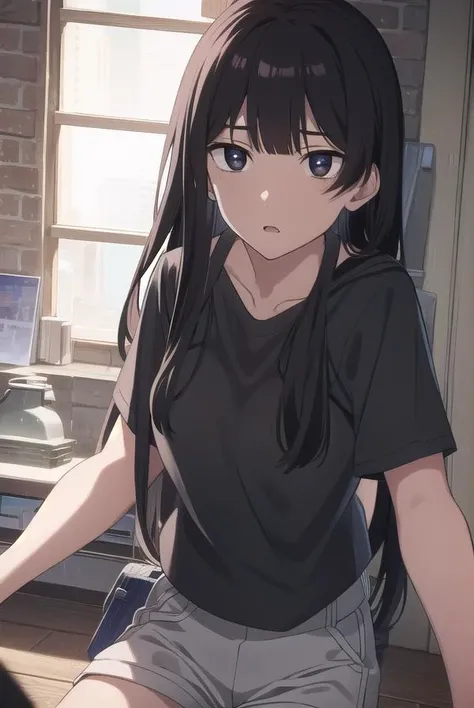 anzuhanashiro, <lora:anzuhanashiro-lora-nochekaiser:1>, 
anzu hanashiro, long hair, bangs, black hair, sidelocks, blunt bangs, (black eyes:1.5),
BREAK shirt, white shirt, short sleeves, shorts,
BREAK looking at viewer,
BREAK indoors,
BREAK <lora:GoodHands-vanilla:1>, (masterpiece:1.2), best quality, high resolution, unity 8k wallpaper, (illustration:0.8), (beautiful detailed eyes:1.6), extremely detailed face, perfect lighting, extremely detailed CG, (perfect hands, perfect anatomy),