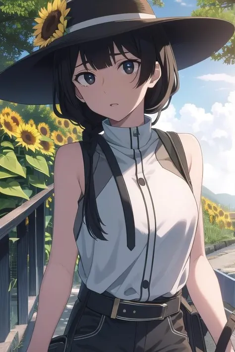 anzuhanashiro, <lora:anzuhanashiro-lora-nochekaiser:1>,
anzu hanashiro, long hair, bangs, black hair, sidelocks, blunt bangs, (black eyes:1.5),
BREAK shirt, hat, white shirt, sleeveless, belt, pants, sleeveless shirt, white headwear, braid, single braid,
BREAK looking at viewer,
BREAK outdoors, sunflowers,
BREAK <lora:GoodHands-vanilla:1>, (masterpiece:1.2), best quality, high resolution, unity 8k wallpaper, (illustration:0.8), (beautiful detailed eyes:1.6), extremely detailed face, perfect lighting, extremely detailed CG, (perfect hands, perfect anatomy),
