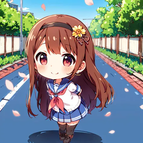 kotoha tanaka \(million live\), (best quality, 8K, masterpiece, ultra detailed:1.2), (chibi:1.5),
1girl, solo, shiny skin, shadow, cinematic lighting, detailed background,
clear sky, blue sky, day, dappled sunlight, floating hair, wind, outdoors, street, petals,
seductive smile, standing, (arms behind back, leaning forward:1.1),
school uniform, collarbone, collared shirt, pleated skirt, serafuku, sailor collar, earrings, bracelet, hair flower, neckerchief, wedding ring, black thighhighs, hairband, ribbon, hair ornament,