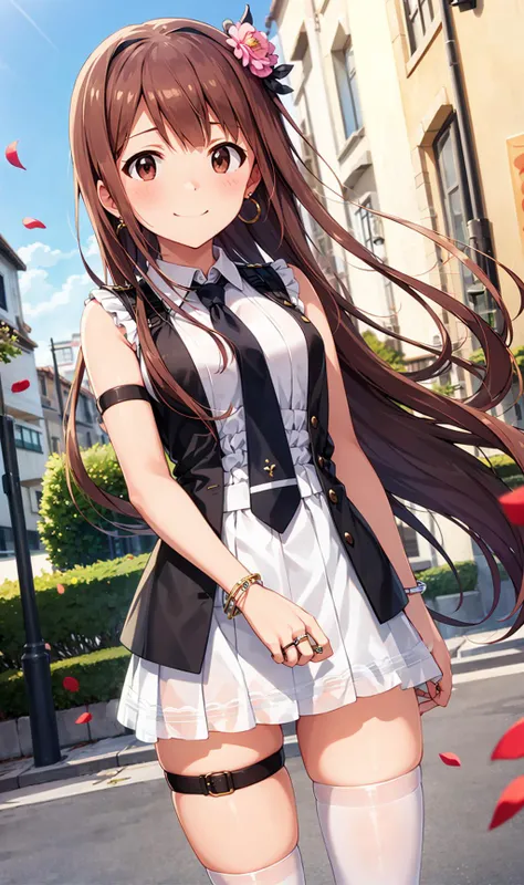 kotoha tanaka \(million live\), shiny trinity \(costume\), (best quality, 8K, masterpiece, ultra detailed:1.2), 1girl, solo, shiny skin, shadow, cinematic lighting, detailed background, wide shot, full dody, clear sky, blue sky, day, dappled sunlight, street, floating hair, wind, petals, seductive smile, standing, see-through, thigh strap, earrings, bracelet, hair flower, necktie, wedding ring, black thighhighs, hairband, ribbon, hair ornament,