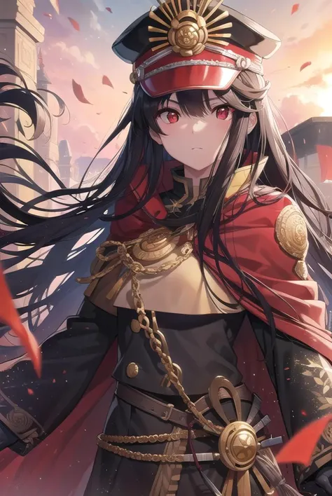 odanobunaga, <lyco:odanobunaga-lyco-nochekaiser:1>,
oda nobunaga, black hair, long hair, (red eyes:1.5),
BREAK chain, cloak, family crest, gloves, grey gloves, hat, military, military hat, military uniform, peaked cap, uniform, red cloak,
BREAK looking at viewer,
BREAK outdoors,
BREAK <lyco:GoodHands-beta2:1>, (masterpiece:1.2), best quality, high resolution, unity 8k wallpaper, (illustration:0.8), (beautiful detailed eyes:1.6), extremely detailed face, perfect lighting, extremely detailed CG, (perfect hands, perfect anatomy),